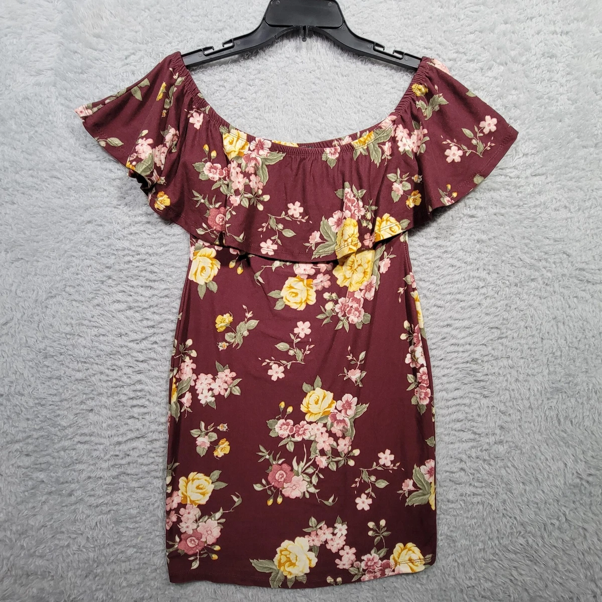 Rue 21 Dress Womens Medium Red Floral Bodycon Ruffle Off Shoulder