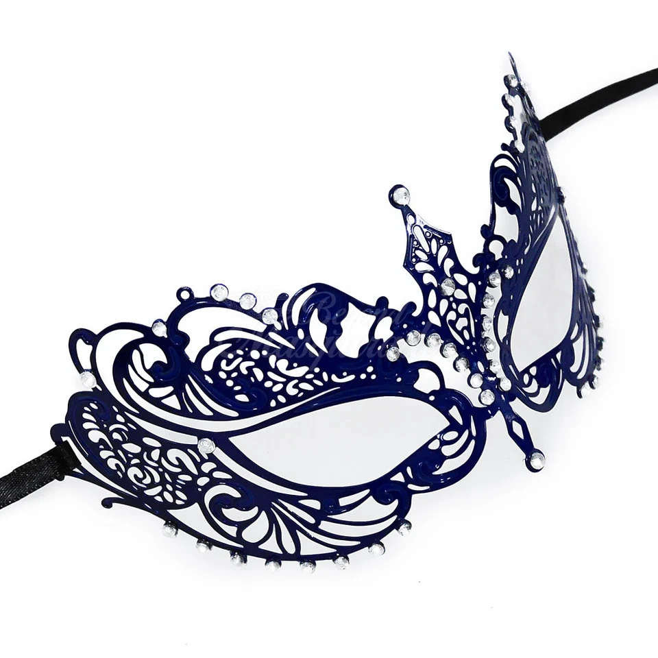 Dark Blue Light Metal Filigree Mardi Gras Venetian Masquerade Mask for Women - Image 2 of 4