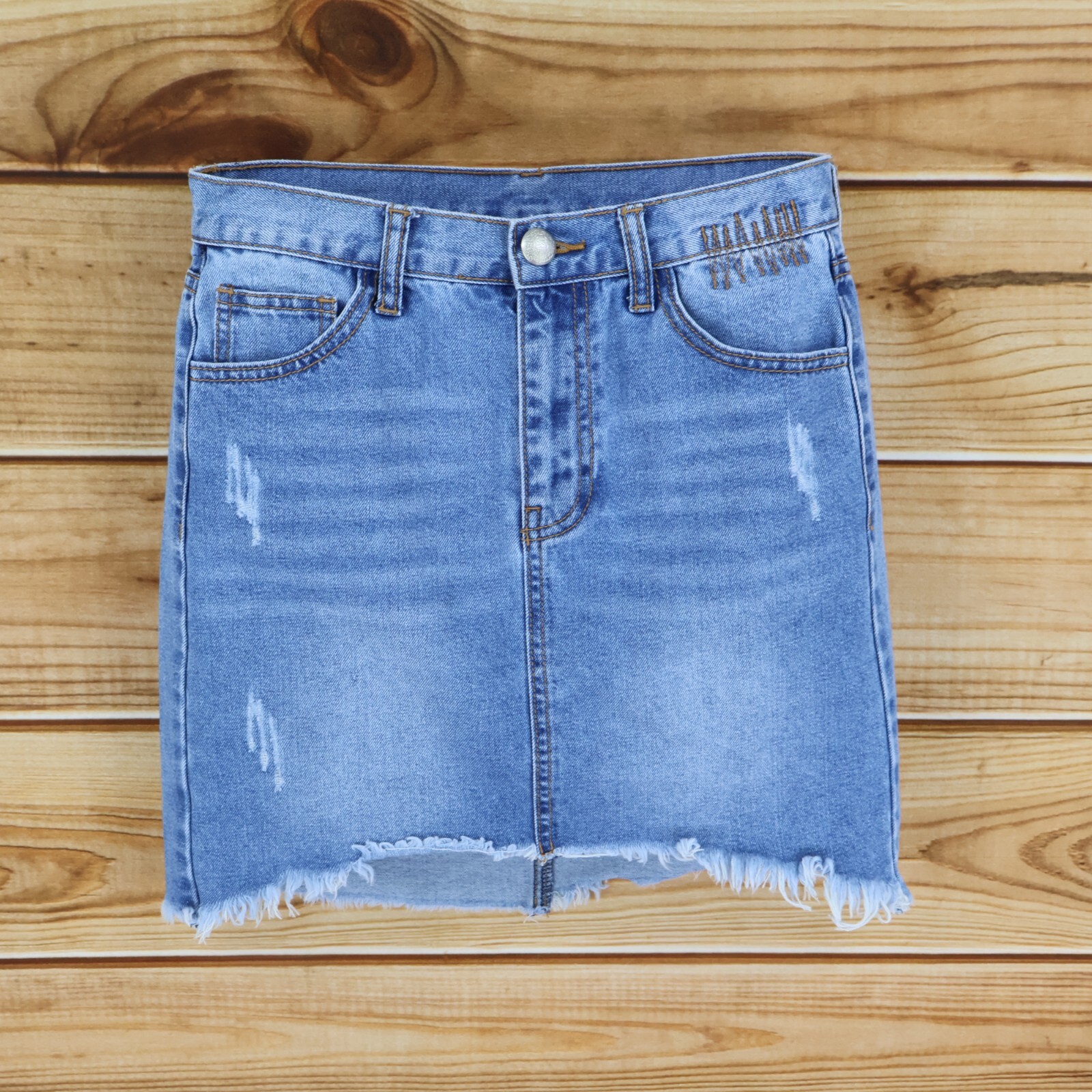 Short Jean Skirt Distressed Womens Size M Blue Denim Pockets Belt Loops Cut-Off
