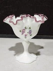 Fenton Art Glass Signed Amethyst Purple Crest Violets in Snow Footed 6” Compote