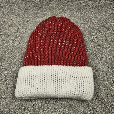 Handmade Hat Adult M/L RED/White Cable Knit Warm Comfy   2 Layers Reversible 