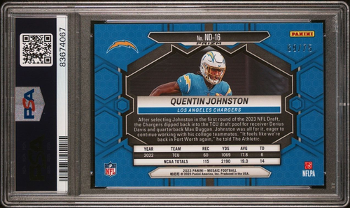 2023 Panini Mosaic NFL Rookie Quentin Johnston Blue No Huddle 69/75 PSA 9 - Picture 2 of 2