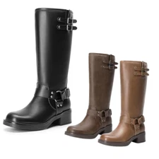 Women Low Chunky Heel Square Toe Knee High Boots Side Zipper Motorcycle Boots