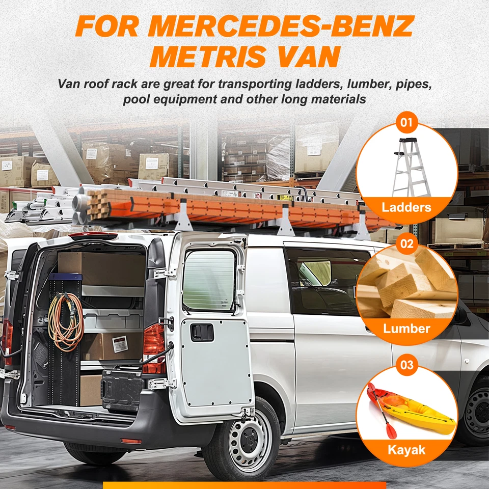 Baca de techo de acero para Mercedes-benz Metris, portaescaleras de furgoneta de carga, 3 bares blanca Foto 2 de 4