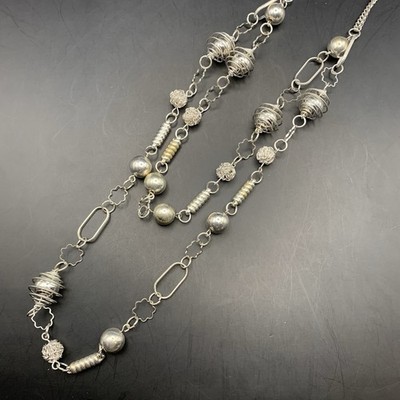 Long Layered Necklace Silver Tone LBVYR Abstract Spiral Bead Knot Beaded 36 Inch