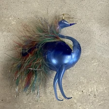 Soffieria De Carlini Peacock Bird Ornament Blue Blown Glass Feathers Glitter
