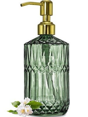 JASAI 18Oz Green Glass Soap Dispenser with Gold Rust Proof Pump, Refillable