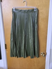 Haute Monde Vintage Faux Leather Pleated Olive Green Midi Skirt, Women's Large