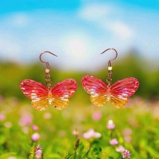 Pink Yellow Butterfly Acrylic Dangle Drop Earrings Hook Nature Theme