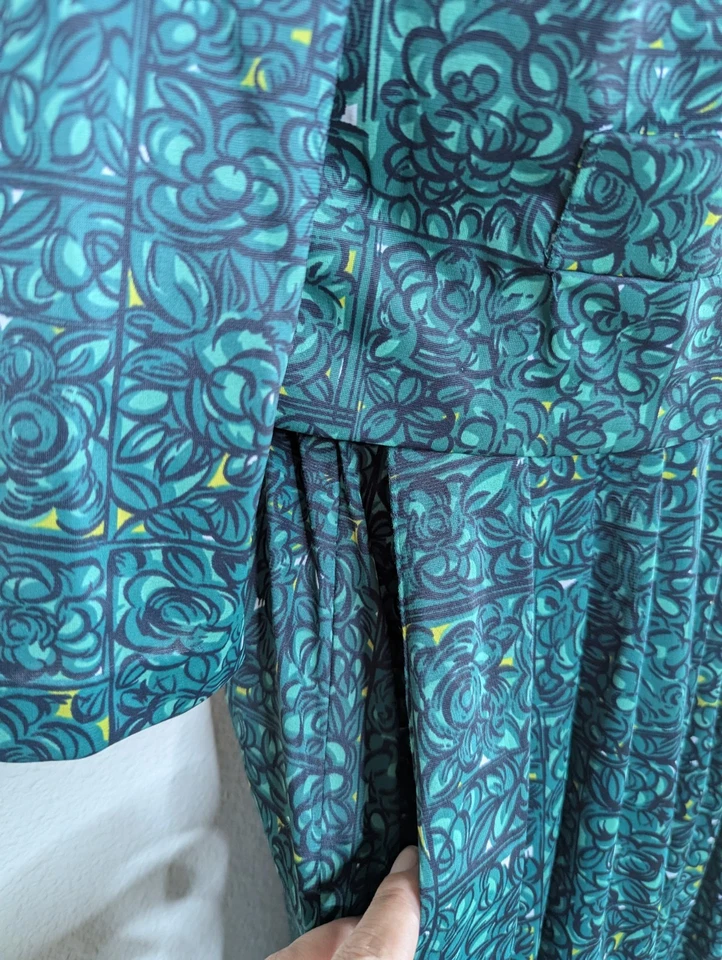 Винтажный 60-х мягкий нейлон Shelton прогулочная коляска зеленый ретро цветочный 2 изделия платье комплект A1 - Изображение 4 из 4