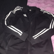 adidas Boys Black Striped Tracksuit Set 11-12A 152 Polyester Jacket Pants