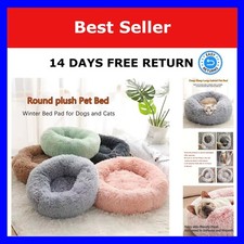 Plush Donut Dog Bed Calm Round Faux Fur Cat Bed Washable S M L XL
