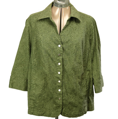 C.J. Banks Stretch Floral Snap Front Shirt 3/4 Sleeve V-NeckGreen 2X (49'' Chest)