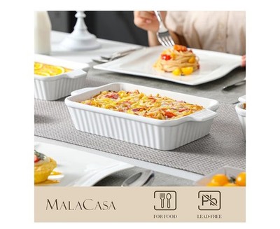 Malacasa Porcelain Ribbed Casserole Dishes-Set Of 2-.8 Qt & 2.1 Qt-White-NIB