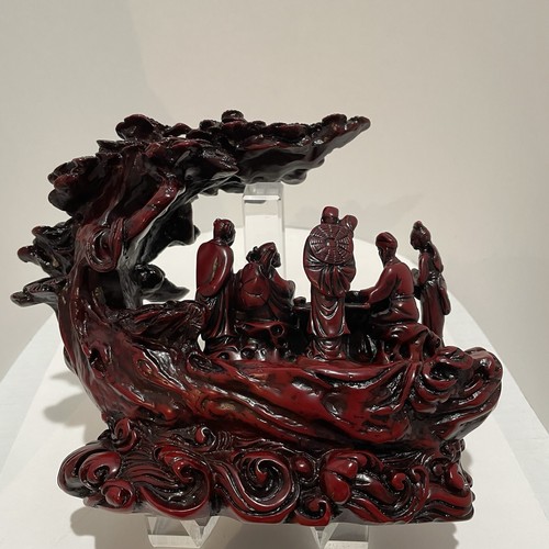 Cinnabar Resin Eight 8 Immortals Boat Tree Of Life Red Chinese 6.5” T x 8” L - Picture 2 of 24