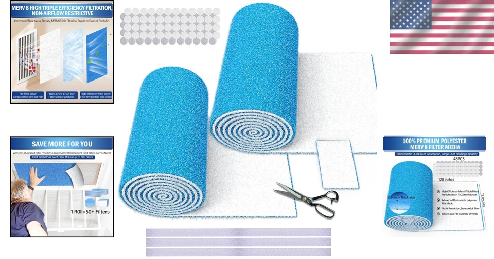 Effortless Air Filtration: 120"x12" MERV 8 Filters with Adhesive Hooks - Image 2 of 4