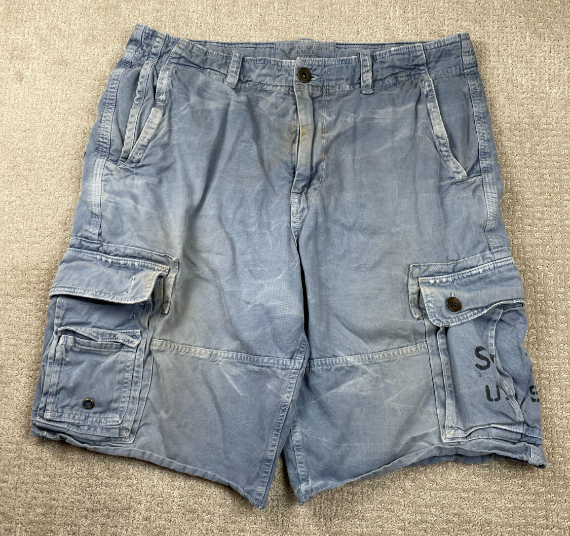 Vintage American Eagle Cargo Shorts Mens 36 Faded Blue Military Paratrooper Y2K