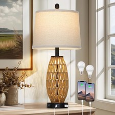 27" Boho Rattan Table Lamp with Night Light, Wicker Bedside Lamp with USB A C...
