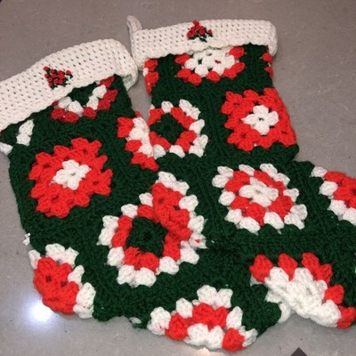 Handmade Vintage Christmas Crocheted Stockings Granny Square Set Of 2 18 