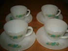 4 FIRE KING CUP AND SAUCERS WHITE WITH BLUE FLOWERS ANCHOR HOCKING VINTAGE 1950s