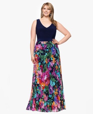 Xscape Plus Size Gown Pleated Maxi Navy Pink Floral Printed Size 18W NWT $179