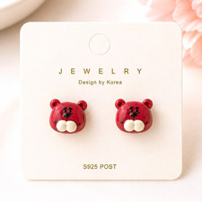 Red Bear Stud Earrings, Plastic, 925 Sterling...