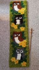 Vtg 1970's Completed Owl Latch Hook Rug Wall Hanging Owl Retro Boho Decor 12x44