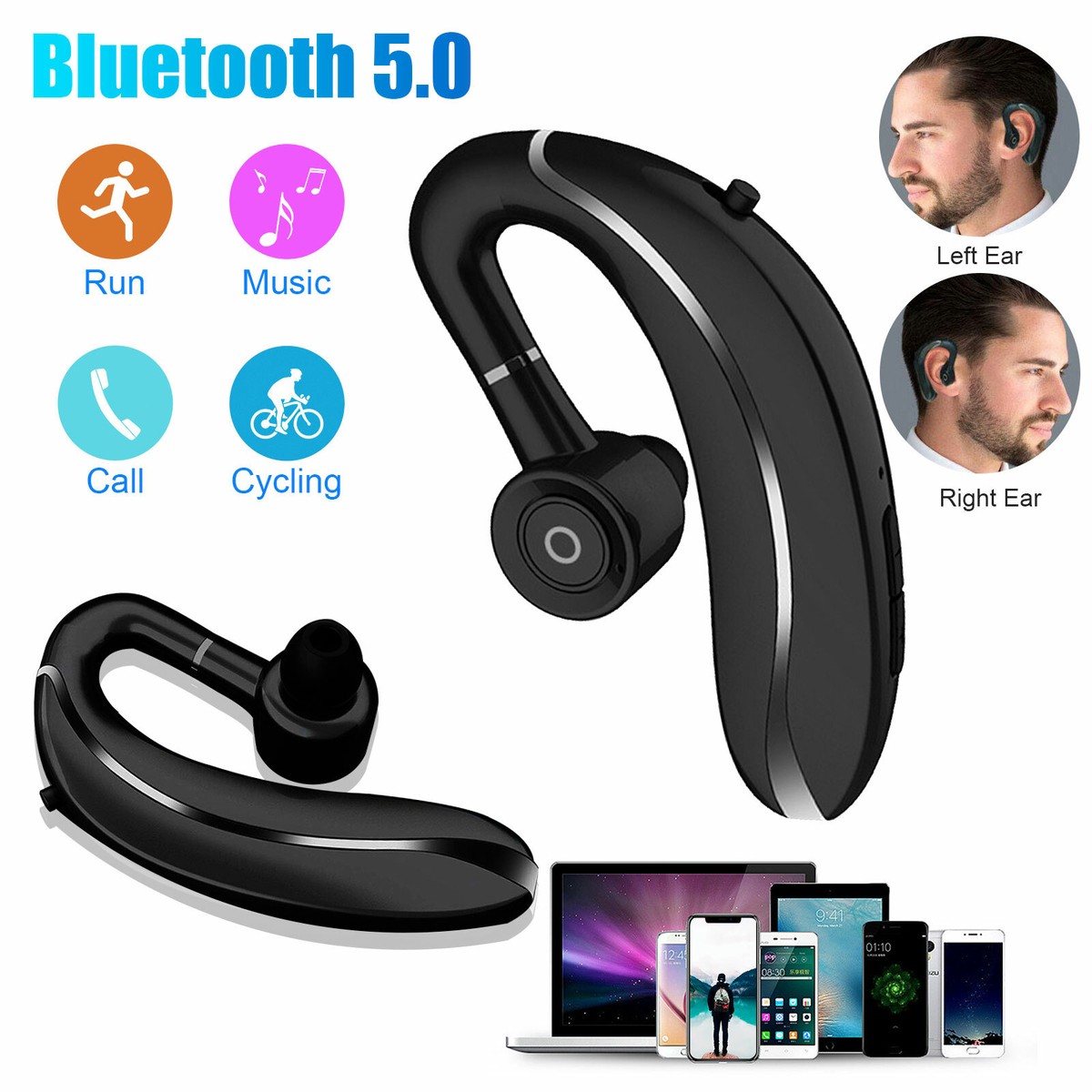 Bluetooth Wireless Single Earphone Stereo Noise Cancelling Headset Ear Hook