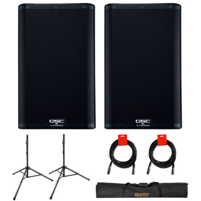 QSC K8.2 Active 8'' PA System (Pair) w/ Speaker Stand with Case & 2x XLR Cable