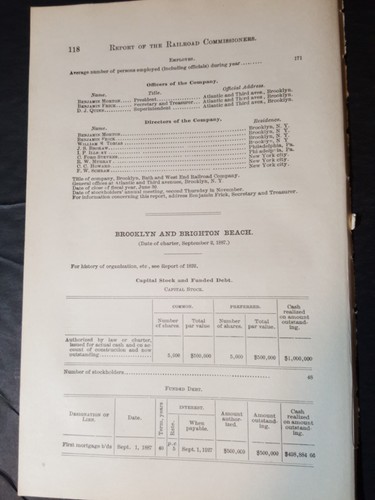 Original 1895 train report BROOKLYN & BRIGHTON BEACH RAILROAD Coney Island NYC