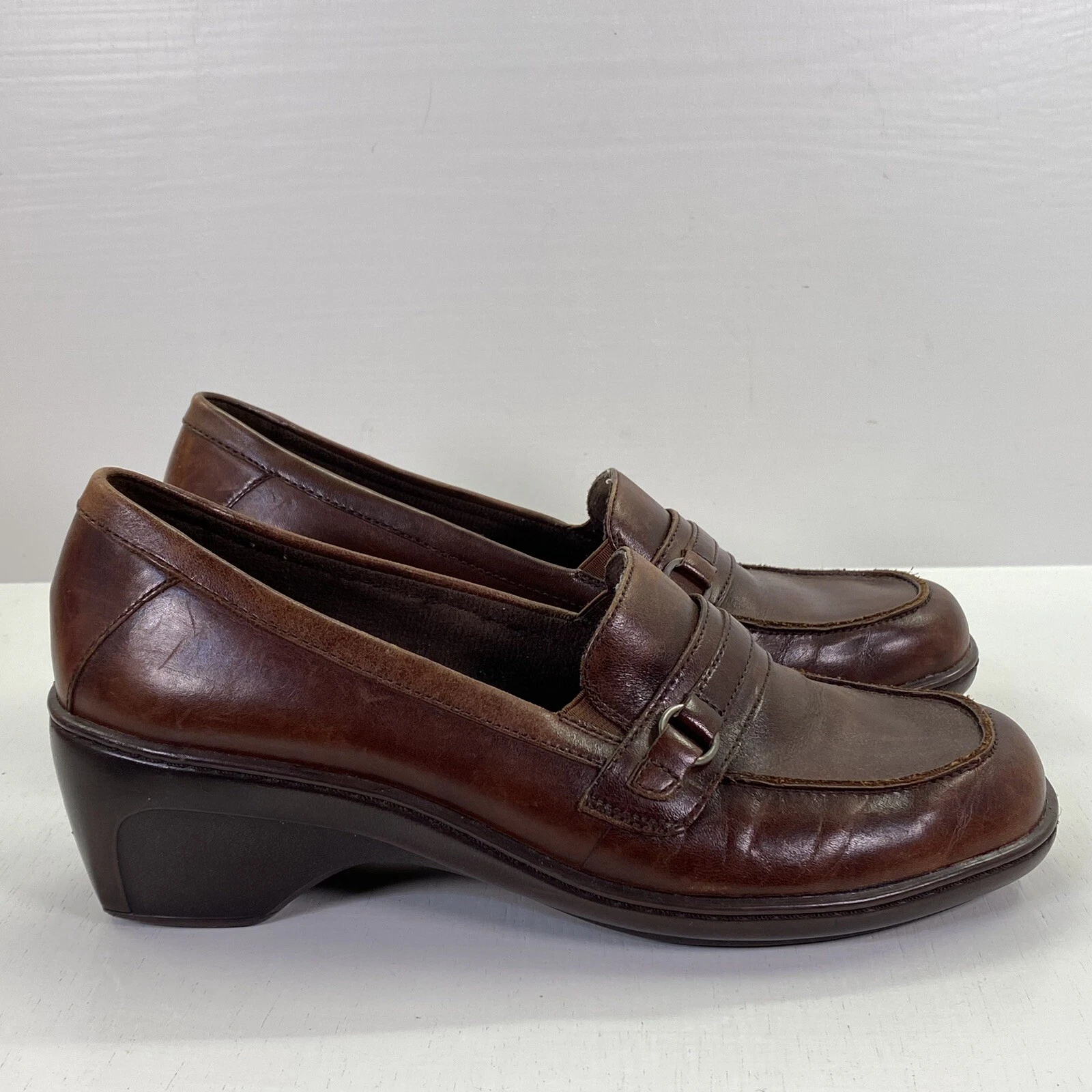 Mocassino slip on Clarks marrone pelle tacco a blocco donna 7 5 M comfort ufficio