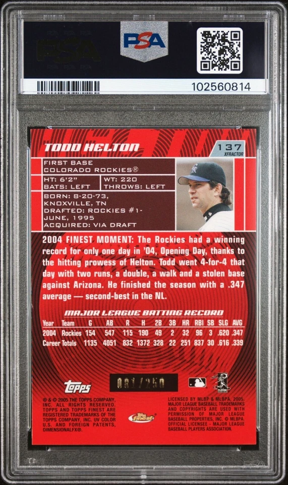 RARE Todd Helton - 2005 Topps Finest Xfractor #137 Rockies ##/250 PSA 10 - Pop 1 - Image 2 of 2