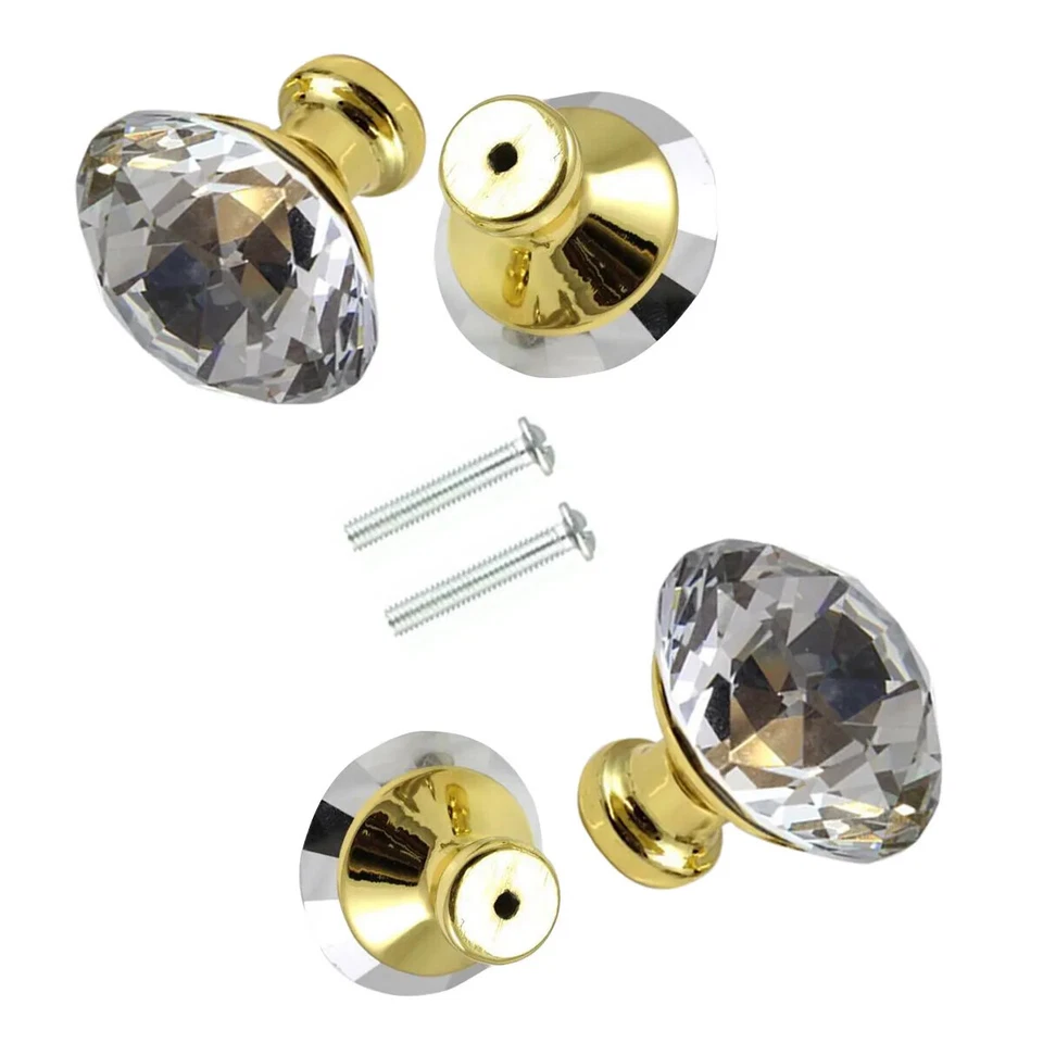 Clear Crystal Diamond Glass Door Knob 40mm Gold Cupboard Furniture Handle - Image 3 of 4