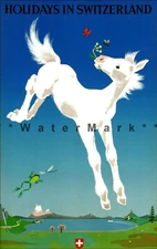 Holidays In Switzerland 1950 Jumping Horse Vintage Poster Print Retro Travel Art