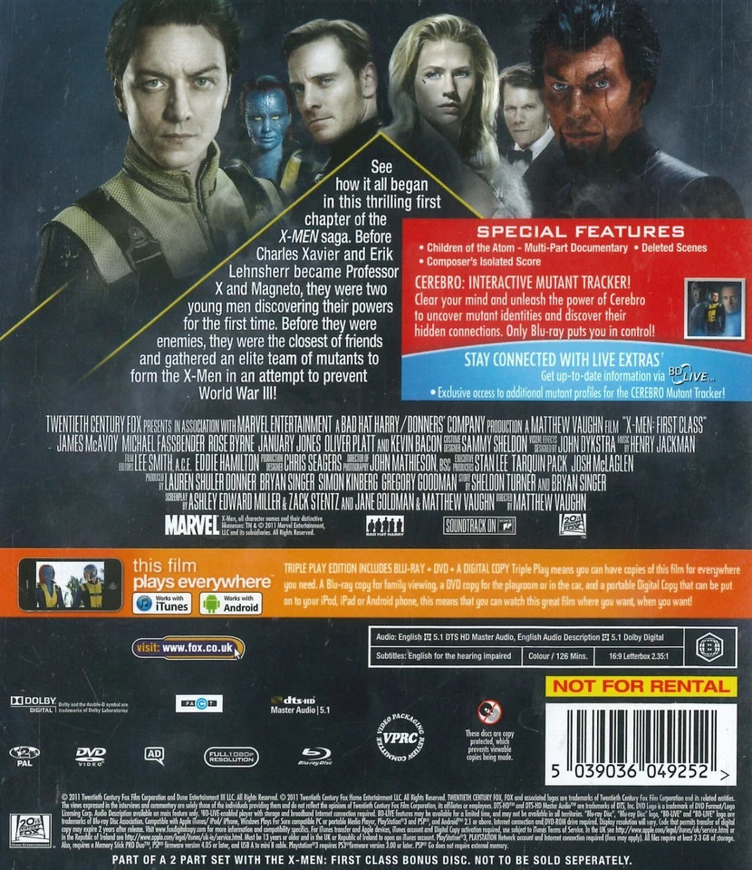 X-Men: First Class (2011) Blu-ray, Triple Play, James McAvoy, Michael Fassbender - Image 2 of 2