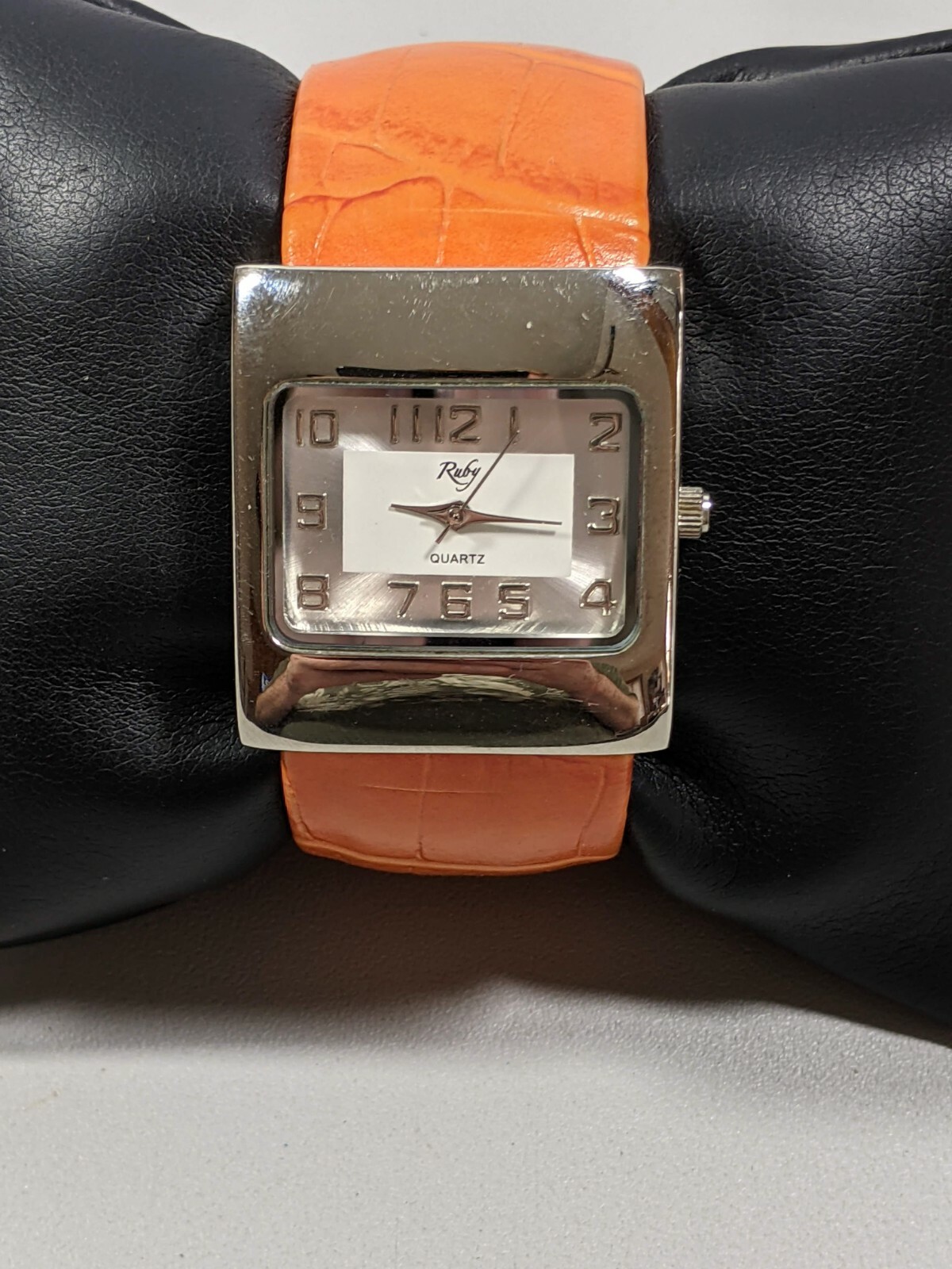 Ruby Silver Tone Rectangle Case 30 mm Orange Open… - image 1