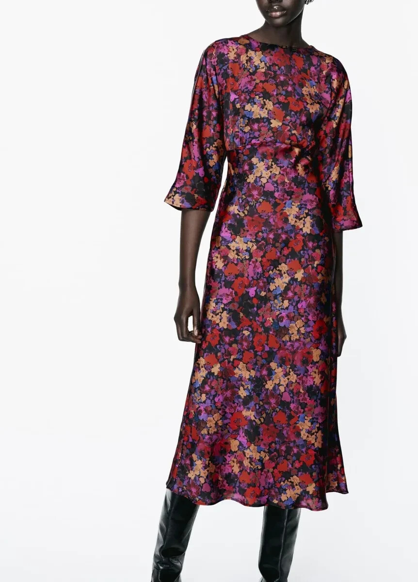 ZARA WOMAN FLORAL PRINTED SATIN EFFECT MIDI DRESS - FORMAL / WEDDING | eBay