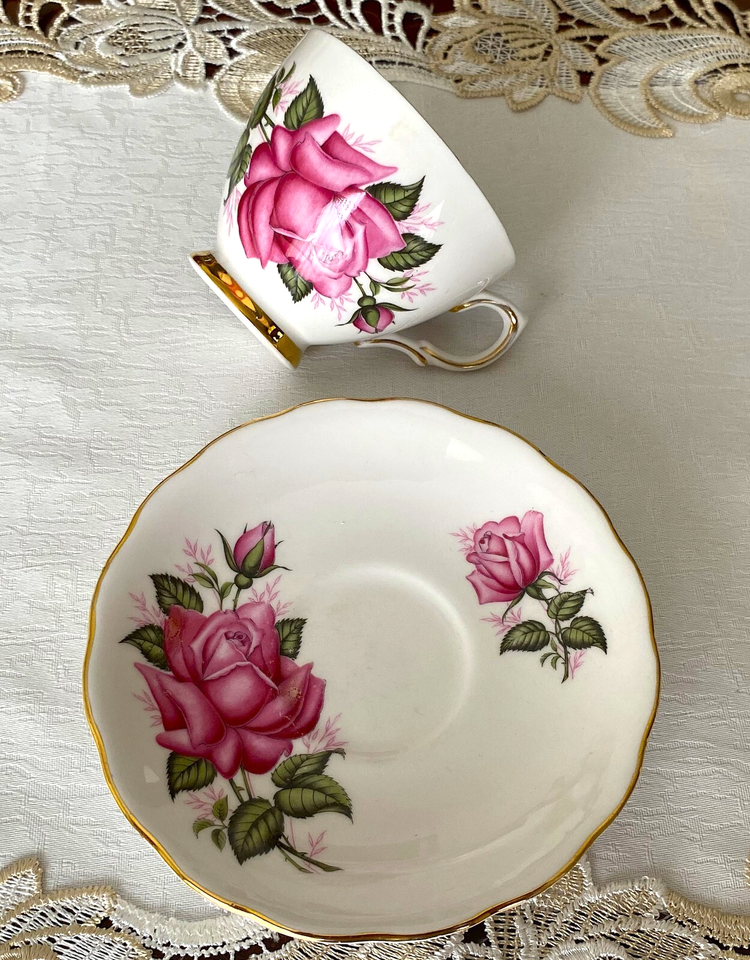 Pink Sea Pattern VINTAGE COLCLOUGH BONE CHINA ENGLAND PINK ROSE PATTERN CUP & SAUCER ...
