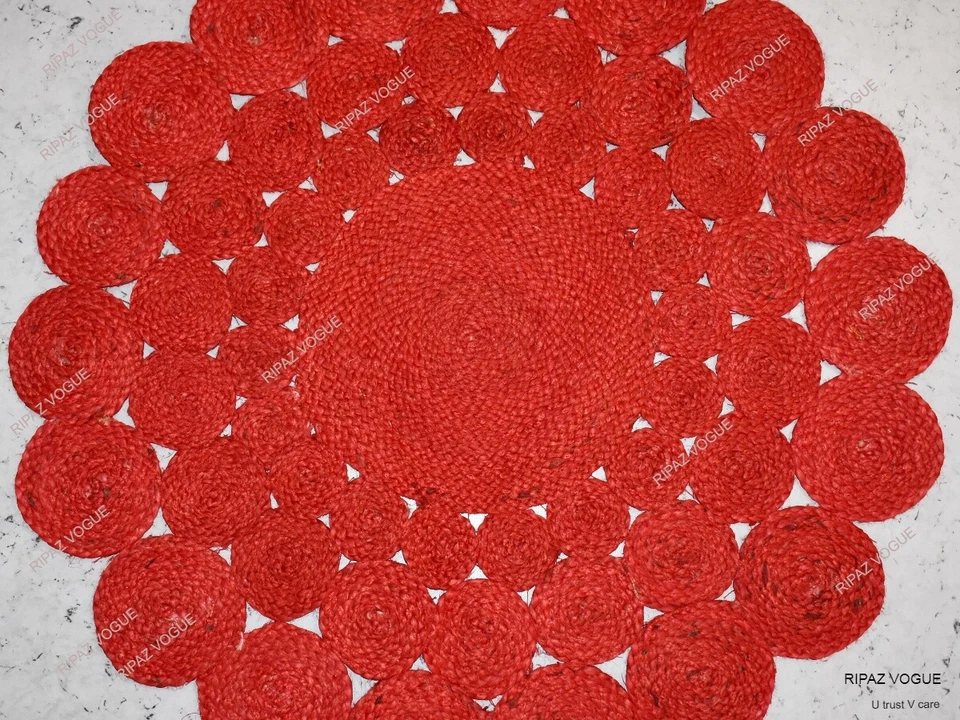 Red Jute Rug Round Hand Braided Area Rug for Living Room, Bedroom, Hallway - Image 2 of 4