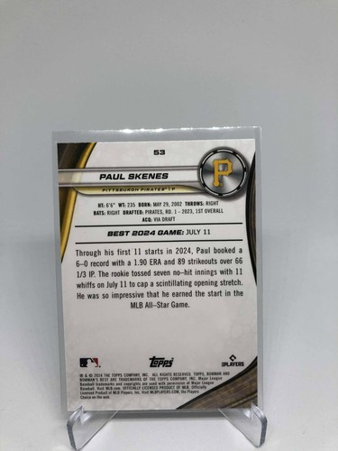2024 Topps Bowman Best Baseball / MLB Paul Skenes Yellow Lazer Refractor /75 #53 - Picture 2 of 3