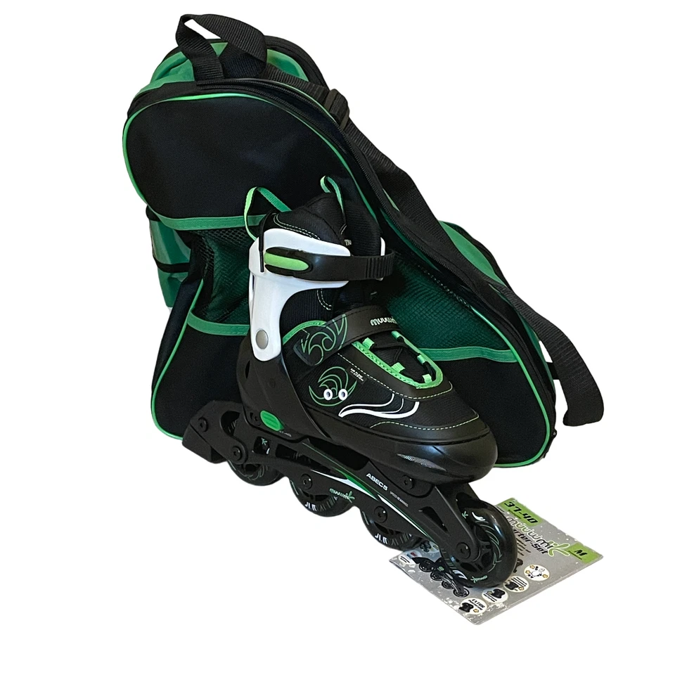 Inlineskates Inliner Kinder verstellbar schwarz grün Tasche Protektoren M 37-40 - Bild 2 von 4