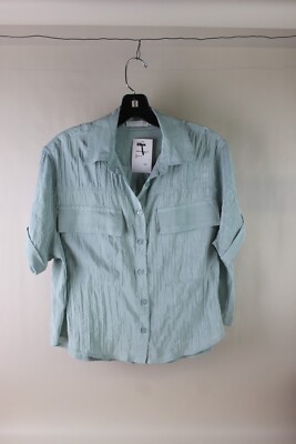 Lush Mint Short Cuff Sleeve Button-Up Shirt with Chest Pockets - SM