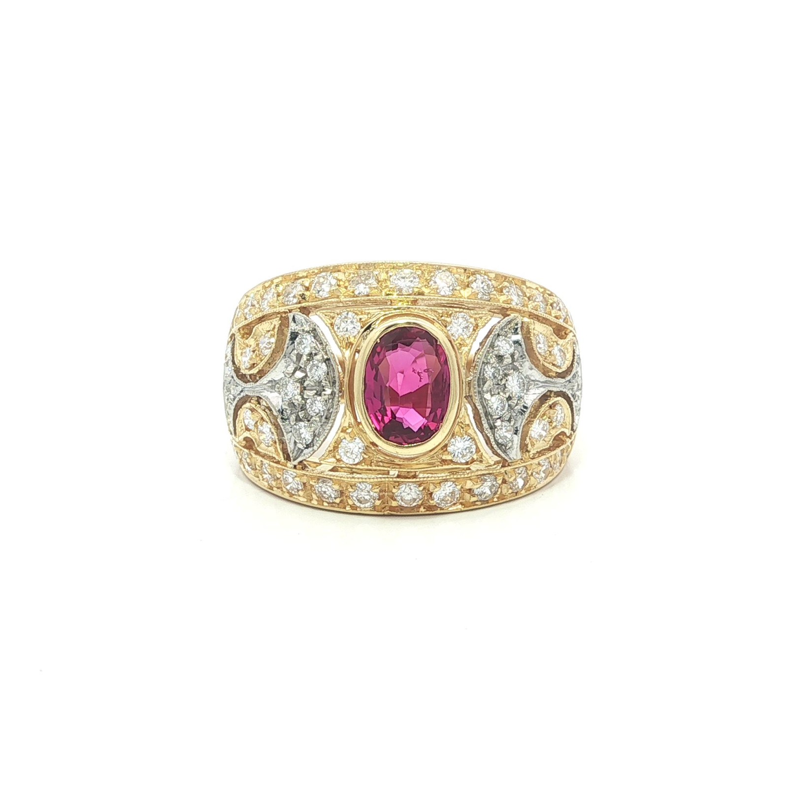 18k Solid Gold 1.35ct Bezel Oval Ruby Diamond Ope… - image 1