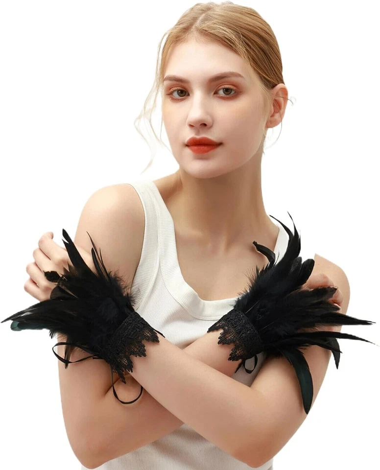 Mantón gótico de plumas negras de encaje puños de muñeca disfraz de ala para carnaval, Halloween, Foto 4 de 4
