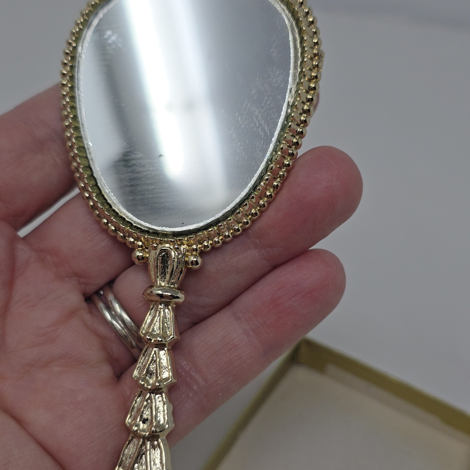 Vintage 5" Long Deluxe Purse Hand Mirror Petit Point Floral Vanity Decor