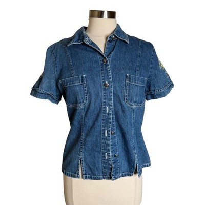 Vintage Ease Sport Embroidered Floral Paisley Cutout Denim Shirt Womens 10