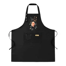 2 Pack Adjustable Bib Apron with Floral Design - Black Apron Flowers 2 Pockets 