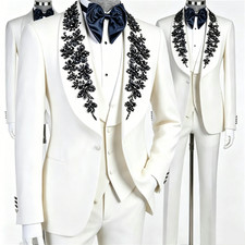 White Luxury Men's Suit with Black Rhinestone Shawl Lapel Wedding Outfits 3Pcs