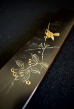 Japanese Old Wooden Lacquerware Chopsticks Case : design Sparrow and Plants