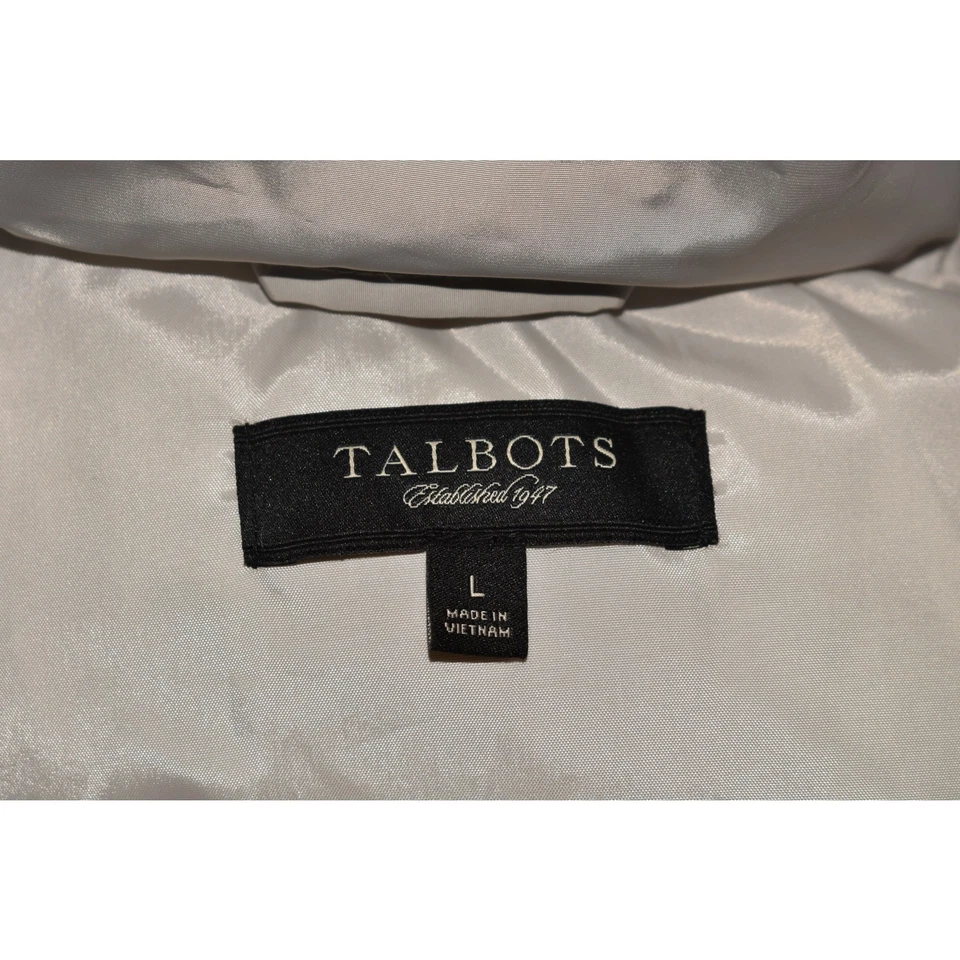 TALBOTS $149 Light Gray Down Insulated Puffer Vest Faux Fur Trim Hood Large - Image 3 of 3